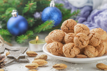 Fototapeta na wymiar Traditional italian almond cookies - amaretti. Sweet holiday dessert. Christmas. New year. Selective focus