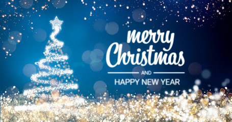 sparkling gold and silver lights xmas tree Merry Christmas and Happy New Year greeting message on blue background,snow flakes,bright lights decoration.Elegant holiday season social post digital card