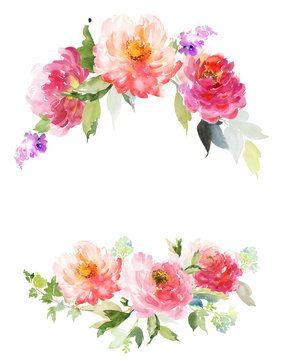 Greeting card with peonies watercolor painting.