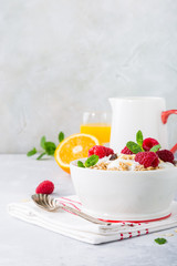 Healthy breakfast with oatmeal granola, berries and yogurt on light gray background. Copy space.