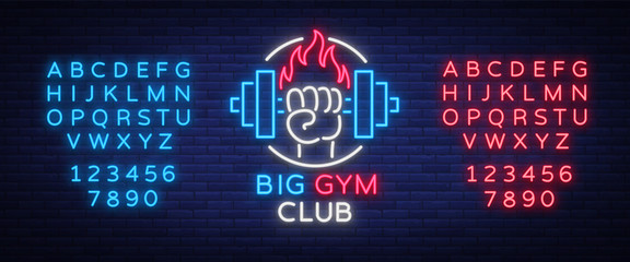 Fitness, gym logo sign in neon style isolated, vector illustration. A glowing banner, a bright neon sign, a night advertisement of a fitness club, a sports hall, a sports club. Editing text neon sign