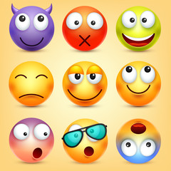 Smiley,emoticons set. Yellow face with emotions. Facial expression. 3d realistic emoji. Funny cartoon character.Mood. Web icon. Vector illustration.