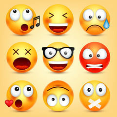 Fototapeta premium Smiley,emoticons set. Yellow face with emotions. Facial expression. 3d realistic emoji. Funny cartoon character.Mood. Web icon. Vector illustration.