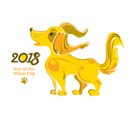 Cute Yellow Dog 2018. Cartoon vector illustration for the New Year's design. Dog - symbol of 2018 on the Chinese calendar.