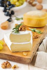 Stack Camembert cheese with grapes, walnuts and basil on gray light concrete or stone background. Selective focus.