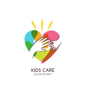 Kids care, family, charity vector logo emblem design template. Hand drawn multicolor heart with baby and adult hands silhouettes, isolated icon. Voluntary non profit organization, healthcare concept.