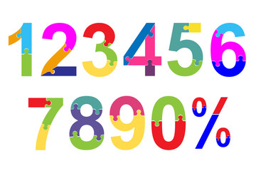 Puzzle font. School children bright, colorful toys numerals. Isolated on white background. Vector