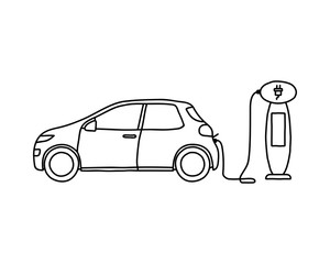 Hand drawn doodle of an electric car at a charging station. Line art with no fill.