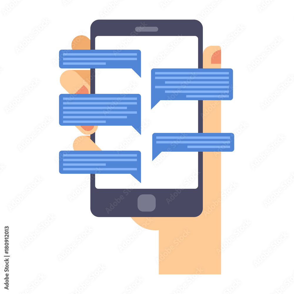 Poster hand holds smart phone with messenger app. flat illustration texting messages via messenger using sm