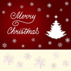Lettering Merry Christmas, fir tree with advent star, white snowflakes on a dark red background. Concept for cards, invitations, packets. Paper art style. Happy New Year. Vector illustration EPS 8