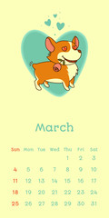 2018 march calendar with welsh corgi dog