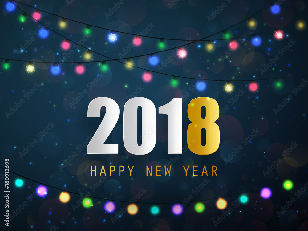 Sticker 2018 happy new year greeting card with christmas garland. vector