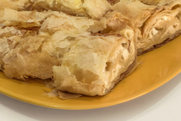 Plateful Of Serbian Traditional Cheese Roll Pie Gibanica Slices Offered On Ceramic Yellow Plate Detail