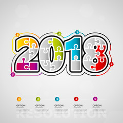 Five options 2018 timeline infographic design with text made out of jigsaw pieces