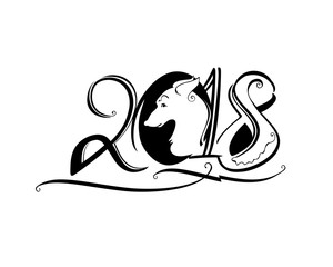 Handwriting template 2018 and dog head. Line Art curl. Year of the Dog on the Chinese calendar.