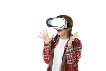 Young girl in virtual reality goggles on white background