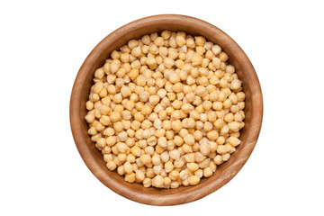 Chickpea in a round wooden plate. Isolated on white.