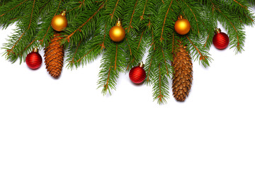 Naklejka na ściany i meble Christmas background. Top view with copy space. fir tree with cone isolated on white background