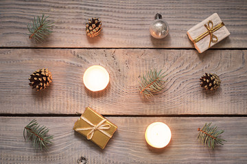 Christmas decorations on a white wooden surface. Top view