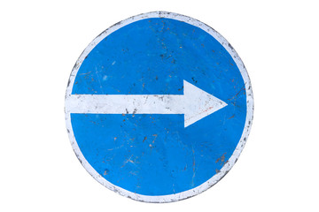 Scratched round blue road sign 'Keep Right' isolated on white