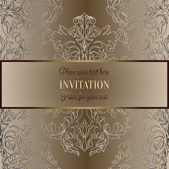 Baroque background with antique, luxury beige, brown and gold vintage frame, victorian banner, damask floral wallpaper ornaments, invitation card, baroque style booklet, fashion pattern