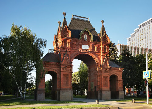 Alexandrovskaya triumphal arch - Tsarskie Vorota (Royal Gates) at Red street in Krasnodar. Russia