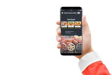 Santa's hand holding smartphone with ordering food app, isolated on white background