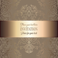 Baroque background with antique, luxury beige, brown and gold vintage frame, victorian banner, damask floral wallpaper ornaments, invitation card, baroque style booklet, fashion pattern