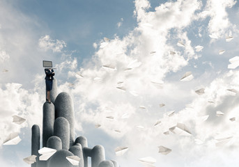 Business woman with laptop instead of head.