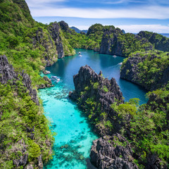 El Nido in Palawan, Philippines, aerial view of beautiful lagoon and karst scenery.