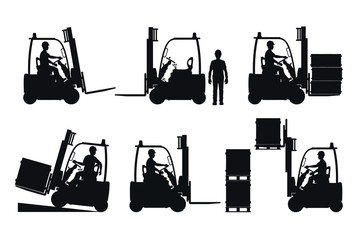 Electric forklift. Vector silhouettes on white background