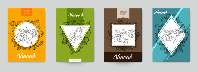Set of template for branding, cover package, identity, banner, promote, card, label with almonds in retro vintage hand drawn, sketches, engraved style. Modern background. Vector illustration.