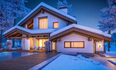 3d rendering of modern cozy house in chalet style