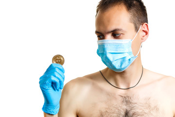 Close up portrait of young doctor in mask isolated on white background