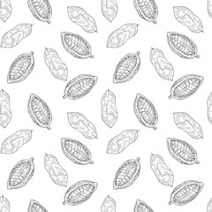 Seamless pattern with cocoa beans in retro vintage hand drawn, sketches, engraved style. Isolated on white background. Modern vector illustration.
