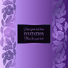 Floral background with antique, luxury lilac, violet flower vintage frame, victorian banner, damask floral wallpaper ornaments, invitation card, baroque style booklet, fashion pattern, template