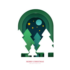 Winter trees and stars in paper cut trendy craft cartoon style. Christmas, new year modern design for advertising, branding background greeting card, cover, poster, banner. Vector illustration.