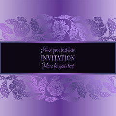 Floral background with antique, luxury lilac, violet flower vintage frame, victorian banner, damask floral wallpaper ornaments, invitation card, baroque style booklet, fashion pattern, template