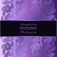 Floral background with antique, luxury lilac, violet flower vintage frame, victorian banner, damask floral wallpaper ornaments, invitation card, baroque style booklet, fashion pattern, template