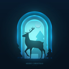 Deer on winter forest in paper cut trendy craft cartoon style. Christmas, new year modern design for advertising, branding background greeting card, cover, poster, banner. Vector illustration.