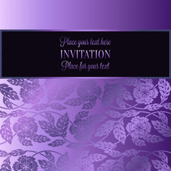 Floral background with antique, luxury lilac, violet flower vintage frame, victorian banner, damask floral wallpaper ornaments, invitation card, baroque style booklet, fashion pattern, template