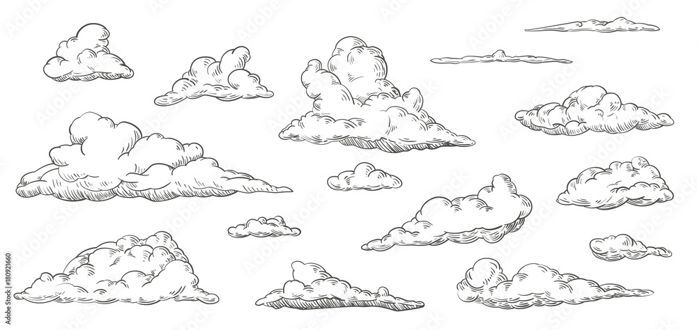 Wall mural set of clouds in hand drawn vintage retro style isolated on white background. cartoon design element