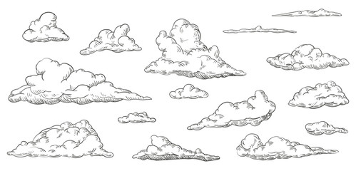 Set of clouds in hand drawn vintage retro style isolated on white background. Cartoon design elements. Vector illustration. - obrazy, fototapety, plakaty
