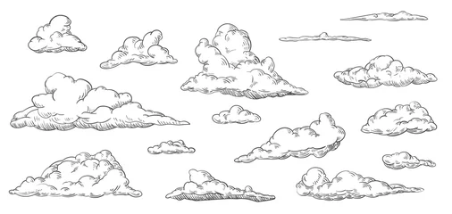 Foto op Canvas Set of clouds in hand drawn vintage retro style isolated on white background. Cartoon design elements. Vector illustration. © cgterminal