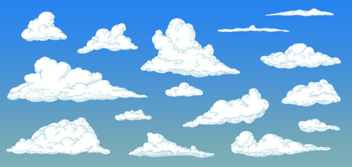 Fototapeta premium Cartoon clouds on day sky in vintage retro style. Vector illustration.