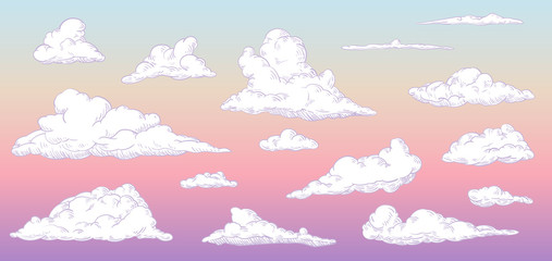 Cartoon clouds on morning sky in vintage retro style. Vector illustration.