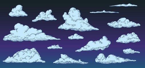 Cartoon clouds on night sky in vintage retro style. Vector illustration.