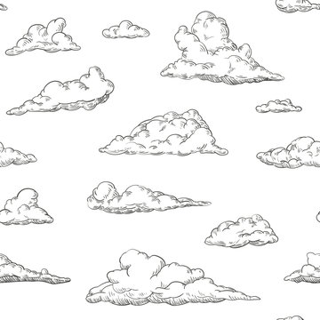 Seamless pattern clouds in hand drawn vintage retro style isolated on white background. Cartoon design elements. Vector illustration.