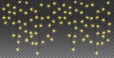 Obraz na płótnie Canvas Set of shine color garlands, festive xmas decorations. Glowing holiday christmas lights isolated on transparent background. Realistic 3d vector objects.