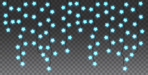 Set of shine blue garlands in star form, festive xmas decorations. Glowing holiday christmas lights isolated on transparent background. Realistic 3d vector objects.